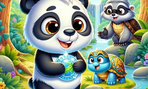 Ein kleiner Panda namens Piko mit glänzendem schwarz-weißem Fell, großen neugierigen Augen und einem fröhlichen Lächeln steht am Rand eines glitzernden Baches und hält eine glänzende blaue Karte in seinen kleinen Pfoten. Neben ihm lächelt eine weise alte Schildkröte namens Taro mit einem bunten Panzer und funkelnden Augen stolz auf Piko. Im Hintergrund erhebt sich ein alter Waschbär namens Rocco mit grauem Fell und traurigen Augen, dankbar mit einem großen Lächeln, während er die Arme nach seiner wertvollen wiedergefundenen Karte ausstreckt. Die Szene spielt in einem wunderschönen grünen Wald mit majestätischen Bäumen, bunten Blumen und einem klaren Bach, der den blauen Himmel widerspiegelt. Piko und Taro feiern die Entdeckung der verlorenen Karte, umgeben von der Schönheit der Natur, was Freundschaft und Abenteuer symbolisiert.
