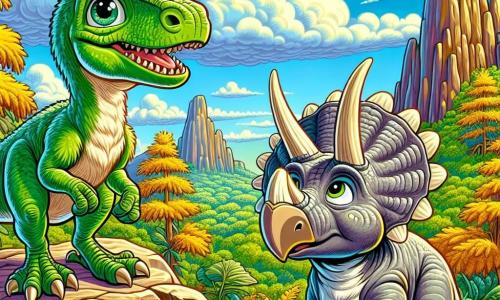 Un velociraptor de plumas verdes brillantes y ojos chispeantes de curiosidad se encuentra sobre una roca, con una mirada decidida y alegre, listo para ayudar a su amigo. A su lado, un joven triceratops de cuerpo robusto, con piel gris y cuernos blancos, muestra una expresión de preocupación pero también de gratitud, mientras se mantiene un poco atrás, observando al velociraptor con admiración. La escena tiene lugar en la Montaña Fósil, un paisaje majestuoso con acantilados empinados, árboles gigantes con hojas doradas y fósiles visibles en las rocas, bajo un cielo azul salpicado de nubes esponjosas. En esta situación, el velociraptor y el triceratops trabajan juntos para despejar rocas que bloquean el camino, simbolizando su nueva amistad y su espíritu de colaboración en una emocionante aventura.