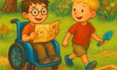 Two boys: a smiling 7-year-old with messy brown hair and round glasses sits in a shiny blue wheelchair like a small car on the left, holding an old treasure map; a 6-year-old blond in a red T‑shirt and khaki shorts trots beside the wheelchair on the right, holding a small plastic shovel and looking at the map. Sunny, lush garden with thick green grass, a large oak, a wooden plank over a blue hose as a bridge, flower beds and a beige sandbox with scattered toys. They’re on an imagined treasure hunt, crossing the plank over the “river,” laughing with amazed expressions; a small wooden box is half-buried in the sandbox, joyful adventurous mood, warm colors and soft pastel textures.