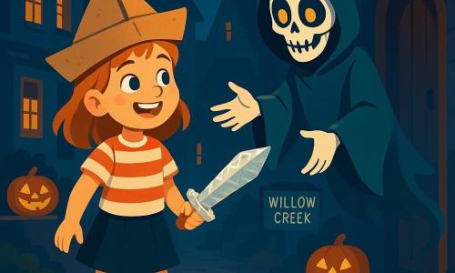 An 8-year-old girl named Lily stands in the center of the image, wearing a homemade pirate costume, with a cardboard hat and a foil sword. Her face is lit up by a radiant smile, her eyes shining with excitement and boldness. Next to her is the Ghost of Halloween Past, a mysterious character with a skeleton-painted face and glowing eyes, floating slightly above the ground, arms stretched towards Lily, inviting her to follow.

The setting is a dark, enchanted street in the town of Willow Creek, lined with old houses with windows illuminated by carved pumpkins glowing in the night. Autumn leaves swirl around them, adding a touch of magic to the atmosphere.

The main scene shows Lily, full of courage, ready to enter a mysterious door at the end of the path, while the ghost watches her with a benevolent expression. The image captures the essence of Halloween adventure, blending thrills and wonder in a dark yet festive ambiance.