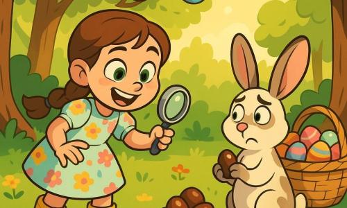 An 8-year-old mischievous girl with braided brown hair and bright green eyes in a pastel floral dress and yellow boots holds a silver magnifying glass and reaches toward a pile of chocolates; a guilty-looking white rabbit with large pink ears and brown spots stands by an overflowing basket of chocolate eggs holding a small shiny egg; the bright forest glade has green grass dotted with flowers, painted egg garlands on branches and golden sunbeams—tender, funny Easter scene with vivid colors, strong contrasts and soft, shiny cel-shaded textures.