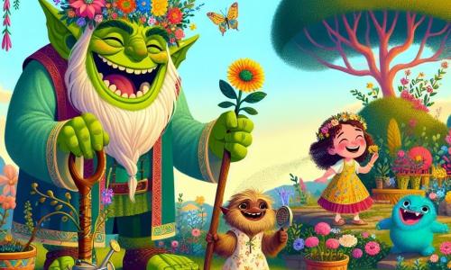 A large ogre with a kind smile, named Gromble, stands in the center of his magical garden. He has green skin, large floppy ears, and sparkling kind eyes. He wears a crown of colorful flowers and waters his plants with a large fishing rod, laughing joyfully. Next to him, an 8-year-old girl named Lila, with curly hair and bright curious eyes, watches in awe as the flowers shimmer around them. She wears a colorful dress and holds a giggle blossom in her hands, ready to smell it. In the background, a small blue creature named Buzzle jumps with joy, his big round eyes lit up with excitement. He dances around the flowers, adding a touch of magic to the scene. The garden is enchanting, filled with vibrant flowers, fluttering butterflies, and smiling trees under a clear blue sky dotted with fluffy clouds. The main scene shows Gromble, Lila, and Buzzle celebrating the beauty of their magical garden, laughing together and sharing joyful moments as they discover the wonders of friendship and the magic around them.