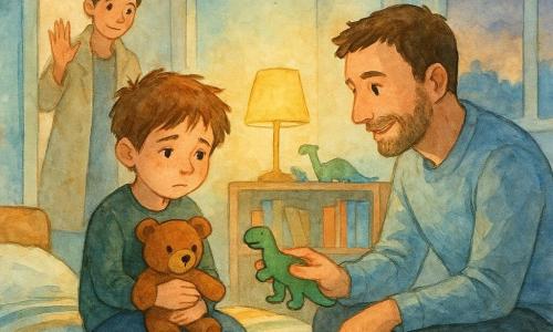 An 8-year-old boy with tousled brown hair, a round freckled face and a gentle, slightly melancholic expression hugs his brown teddy at the edge of a striped bed while a smiling bearded man in his late 30s crouches at the right offering a wooden dinosaur puzzle piece and a woman in her mid-30s with her hair in a bun stands in the left doorway waving reassuringly as if leaving. Cozy apartment corner with a warm lamp, low bookshelf of books and toy dinosaurs, a round colorful rug and a twilight window; watercolor-like soft textures and blurred edges convey a calm, reassuring goodbye in pastel tones (blue-gray, soft yellow, sage green) expressing tenderness and safety.