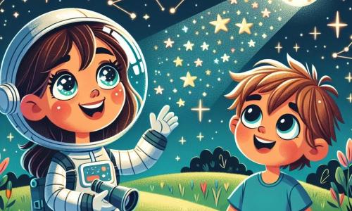 O femeie astronaută numită Ana, cu părul brunet și ochii strălucitori, poartă un costum spațial argintiu și zâmbește cu uimire în timp ce privește stelele scintilante din cerul nocturn. Lângă ea, un băiat de 8 ani numit Luca, cu părul blond zbârlit și un tricou albastru, o observă cu admirație, având ochii mari, ținând un mic telescop. Se află pe o colină verde, înconjurată de flori colorate, cu un cer înstelat în fundal, unde Luna strălucește intens. Ana și Luca numără stelele, visând împreună la călătorii interstelare, în timp ce constelații strălucitoare le luminează fețele uimite.