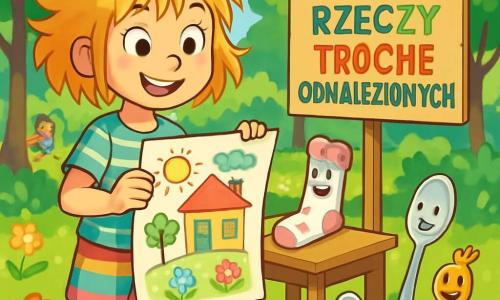Dziewczynka w wieku 10 lat, Zosia, z rozwichrzonymi włosami jak złote źdźbła słomy, uśmiecha się z oczami pełnymi ciekawości. Ma na sobie w paski t-shirt i kolorowe szorty, trzyma dużą kartkę papieru z kolorowymi rysunkami. Obok niej leży samotna skarpetka w małe serduszka, która wydaje się jej uważnie słuchać, postawiona na małym drewnianym stole. Miejsce to słoneczny park, pełen bujnej zieleni, z drzewami o błyszczących liściach i kolorowymi kwiatami tańczącymi na wietrze. W tle dzieci bawią się na huśtawkach, a duży kartonowy znak informuje "Biuro Rzeczy Trochę Odnalezionych" kolorowymi literami. Główna sytuacja pokazuje Zosię organizującą spotkanie rzeczy zagubionych, otoczoną różnymi animowanymi przedmiotami, takimi jak łyżeczka błyszcząca w słońcu i klucz radośnie się poruszający. Atmosfera jest radosna i absurdalna, pełna śmiechu i żywych kolorów.