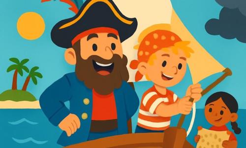 Een man, Kapitein Bas, staat trots op het dek van zijn schip, De Windvogel. Hij heeft een grote bruine baard en draagt een piratenhoed met een kleurrijke veer. Zijn gezicht straalt vreugde en opwinding uit, met sprankelende ogen die onder de zon glinsteren. Naast hem past een jonge matroos van 10 jaar, met rommelig blond haar, de zeilen aan. Hij draagt een gestreept vest en een rode bandana. Vol energie glimlacht hij en kijkt met bewondering naar de kapitein. Achter hen houdt een andere matroos, een meisje van 8 jaar met zwarte vlechten, een schatkaart vast. Ze heeft een vastberaden blik en staat op de boeg van het schip, klaar om de bemanning naar avontuur te leiden. Het schip vaart op een heldere blauwe zee, met glinsterende golven onder een zonnige lucht met enkele witte wolken. In de verte tekent zich een groen eiland af, omringd door palmbomen. De hoofdscène toont Kapitein Bas en zijn blije bemanning, klaar om een storm te trotseren, terwijl ze samen zingen om de moraal hoog te houden, terwijl donkere wolken zich aan de horizon verzamelen.