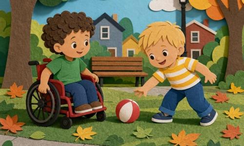 Due bambini di 3 anni: Luca, biondo con t‑shirt gialla a righe e pantaloni blu, in piedi a destra sorridente che tende la mano verso una palla bianca e rossa sull’erba; Nino, moro riccio con t‑shirt verde, seduto a sinistra sulla piccola sedia a rotelle rossa con ruote nere che fa girare delicatamente una ruota mentre guarda Luca, in un parco di quartiere al mattino con prato verde dall’aspetto di carta ritagliata, una panchina di legno sullo sfondo, foglie autunnali arancioni e gialle sparse, un marciapiede con disegni a gesso rosa e blu, luce morbida e ombre lunghe; atmosfera calma e gioiosa, gesti teneri, sorrisi, composizione centrata, colori vivaci e forme semplici.