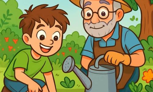 Un niño de 12 años, llamado Martín, con cabello castaño alborotado y ojos brillantes de curiosidad, está agachado en un jardín verde, con el rostro iluminado por una amplia sonrisa. Lleva una camiseta verde brillante y un pantalón corto de mezclilla, y sostiene una pequeña pala de plástico, listo para plantar una nueva semilla. A su lado, su abuelo, un hombre mayor con cabello gris y barba bien cuidada, observa con orgullo. Lleva un sombrero de paja y un delantal de tela, y sostiene una regadera, listo para nutrir las plantas. El jardín es un lugar encantador, lleno de hileras de verduras coloridas, flores vibrantes y pequeños insectos zumbadores. Al fondo, un viejo roble majestuoso ofrece sombra, mientras que los pájaros cantan alegremente en las ramas. La escena muestra a Martín y su abuelo trabajando juntos, rodeados de la belleza de la naturaleza, ilustrando su compromiso de cultivar un jardín sostenible y proteger el medio ambiente.