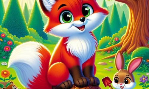 Ein roter Fuchs namens Felix steht auf einem kleinen Hügel, seine Augen glänzend und neugierig, mit einem entschlossenen Lächeln im Gesicht. Sein Fell ist strahlend und sein buschiger Schwanz weht leicht im Wind. Neben ihm sitzt eine weise Eule, Emma, mit weißen und braunen Federn, die auf einem Ast sitzt und Felix ermutigend und intelligent ansieht. Ein kleiner Hase, Max, mit großen Ohren und weichem Fell, sitzt neben Felix, seine Augen funkeln vor Aufregung, während er eine kleine Schaufel in seinen Pfoten hält. Die Szenerie ist eine grüne Lichtung, umgeben von majestätischen Bäumen mit leuchtend grünen Blättern und bunten Blumen auf dem Boden. Sonnenstrahlen brechen durch die Äste und schaffen eine warme und fröhliche Atmosphäre. Die Szene zeigt Felix und seine Freunde, die junge Bäume pflanzen, mit Erdsäcken und Werkzeugen um sie herum, was ihr Engagement zum Schutz ihres geliebten Waldes symbolisiert.