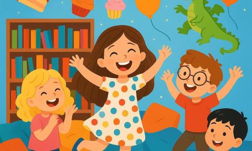 Een meisje van 6 jaar, Lotte, met lange bruine haren en sprankelende ogen, danst vrolijk in het midden van een kamer vol kleurrijke kussens en boeken. Ze draagt een multicolore stippenjurk en haar grote glimlach straalt van opwinding. Naast haar lacht Roos, een 6-jarig meisje met gouden krullen en een roze t-shirt, terwijl ze grappige gebaren maakt. Bram, een 6-jarige jongen met kastanjebruin haar en een bril, imiteert een onhandige dans met zijn armen in de lucht. Max, een 6-jarige jongen met zwart haar en een blauwe trui, kijkt lachend toe met een open boek in zijn handen. De scène speelt zich af in een knusse leeshoek met lichtblauwe muren en planken vol kleurrijke boeken. Boven hen twinkelen lichtslingers, wat een warme en magische sfeer creëert. De kinderen vieren een groot imaginaire feest met een draak in hun verhaal, dansend en lachend samen, omringd door zwevende ballonnen en kleurrijke taarten die om hen heen lijken te vliegen.