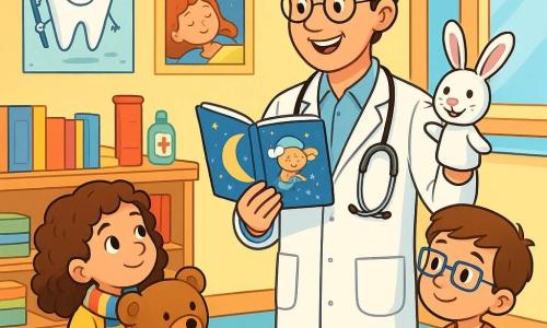 Un uomo, il dottor Luca, è in piedi nel suo studio medico, con un sorriso caloroso e rassicurante. Ha i capelli castani leggermente ondulati, indossa un camice bianco impeccabile e occhiali rotondi. Tiene uno stetoscopio in una mano e un libro di medicina per bambini nell'altra, guardando con benevolenza un gruppo di bambini. Sofia, una bambina di 7 anni con capelli ricci e una sciarpa a righe, è seduta su un cuscino colorato, abbracciando il suo grande orso di peluche. Guarda il dottore con curiosità, gli occhi brillanti d'interesse. Tommaso, un ragazzo di 6 anni con occhiali quadrati, è accanto a lei, seduto con le gambe incrociate, ascoltando attentamente e sorridendo leggermente. Lo studio è pieno di colori vivaci, con poster di cartoni animati sulla salute appesi alle pareti. Una grande finestra lascia entrare la luce del sole, illuminando scaffali pieni di libri e giocattoli medici. Il dottor Luca spiega ai bambini l'importanza del sonno e della salute, utilizzando marionette e illustrazioni divertenti per catturare la loro attenzione. I bambini sono affascinati, ridendo e ponendo domande, creando un'atmosfera gioiosa ed educativa.