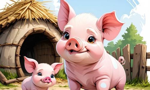 En primer plano, el pequeño cerdo Pablo, un joven cerdito rosa con grandes ojos redondos y una sonrisa traviesa, se encuentra frente a su casa de paja. Parece preocupado pero decidido, con las orejas levantadas, listo para defender su hogar del lobo. A su lado, su hermana Pía, una pequeña cerdita de pelaje rosa con manchas blancas, está pintando flores coloridas en la fachada de su casa de ladrillos. Tiene un aire concentrado y alegre, con un pequeño delantal de pintura. En el fondo, se ve a Pedro, el hermano mayor, un cerdo más robusto con una gorra de paja, que observa la escena con una mirada seria. Está cerca de su casa de madera, que es robusta y acogedora, con ventanas decoradas. El escenario se desarrolla en un claro soleado, rodeado de árboles verdes y un cielo azul claro, donde las casas de los tres cerditos están alineadas. Flores coloridas y mariposas revolotean alrededor, añadiendo un toque de magia al entorno. La situación principal muestra a Pablo, Pía y Pedro unidos, preparándose para enfrentar al lobo que se acerca, con expresiones de valentía y determinación en sus rostros, ilustrando así la importancia de la solidaridad y el coraje frente a los desafíos.