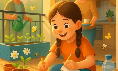Niña de 6 años, entusiasmada y concentrada, con largas trenzas castañas, sentada en el borde de un balcón soleado plantando tres semillas en vasos transparentes con tierra, sosteniendo una pequeña libreta blanca y un lápiz amarillo; detrás, su madre de unos 30 años con el cabello recogido en un moño prepara una bandeja con una taza de té y tostadas, mirándola con cariño; a la izquierda, una vecina mayor de unos 70 años, pelo canoso rizado y vestido de flores, sonríe con un regador verde junto a los jardineros de madera pintados en azul y verde; balcón urbano luminoso con suelo de madera clara, macetas de barro, botellas de agua y luz dorada de primavera, gotas de agua en la tierra y una abeja con dos pequeños mariposas amarillas revoloteando.