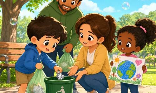 Niño de 4 años de rostro redondo y mejillas sonrosadas, ojos brillantes y sonrisa tímida, sosteniendo una bolsita verde con papeles y depositando un envoltorio plateado en una papelera verde, orgulloso y concentrado; madre de ~30 años, cabello castaño recogido, agachada y protectora, lista para tomar los desechos; padre de 30–35 años, barba ligera y gorra azul, detrás guiando con una expresión alentadora y otra bolsa; vecina Clara, niña de 5 años con coleta alta, sostiene un dibujo y mira con admiración; parque soleado con césped verde, banco claro, árbol con sombras, cielo azul pálido y burbujas flotando; momento de limpieza alegre, los niños sostienen carteles dibujados “No tires nada al suelo”, colores vivos y pastel, contornos suaves y estilo chibi kawaii, ambiente cálido y optimista.