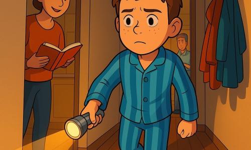 Ein 12-jähriger Junge mit rundem, sommersprossigem Gesicht und kurzen kastanienbraunen Haaren hat einen besorgten und zugleich entschlossenen Ausdruck und hält in der rechten Hand eine kleine silberne Taschenlampe; er trägt blau gestreifte Pyjamas und ungleiche Socken und geht vorsichtig einen engen, dunklen Flur mit cremefarbenen Wänden und glänzendem Parkettboden entlang, an dem eine Garderobe mit bunten Mänteln kantige Schatten wirft und eine kleine runde Nachtlampe am Boden ein sanftes Leuchten verbreitet; links in einer Tür steht eine etwa 38-jährige Frau mit braunen Haaren im Dutt und beruhigendem Lächeln, die ein offenes Buch hält und den Jungen ansieht, rechts hinten in der Küche steht ein etwa 40-jähriger Mann mit kurz grauem Haar unscharf, aber warm wirkend und wischt einen Teller ab; die Szene zeigt, wie die Taschenlampe ein warmes gelbes Lichtkegel wirft und lange Schatten sowie Mantelsilhouetten enthüllt; visueller Stil: 3D-Cartoon mit Cel-Shading, gesättigten Kontrasten, klaren Konturen, glatten Texturen und dramatischer, einladender Beleuchtung.