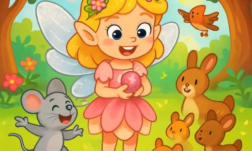 Una bella fata di nome Lucilla, con ali d'argento scintillanti e un sorriso radioso, si trova al centro di una radura soleggiata. Indossa un vestito fatto di petali di rosa dai colori pastello, e i suoi occhi brillano di eccitazione e determinazione. Accanto a lei, un piccolo topolino dalle grandi orecchie, con pelo grigio e occhi scintillanti, salta di gioia, ritrovando la sua mamma. È molto eccitato, con un sorriso splendente sul volto. Il luogo è una radura incantata, circondata da alberi maestosi con tronchi nodosi, e fiori colorati che danzano al vento. I raggi di sole filtrano tra le foglie, creando riflessi di luce dorata sul terreno. La scena principale mostra Lucilla che tiene la Pietra della Gioia, un piccolo cristallo rosa brillante, mentre tutti gli animali del bosco si radunano intorno a lei, celebrando il ritorno della gioia nel loro mondo magico.