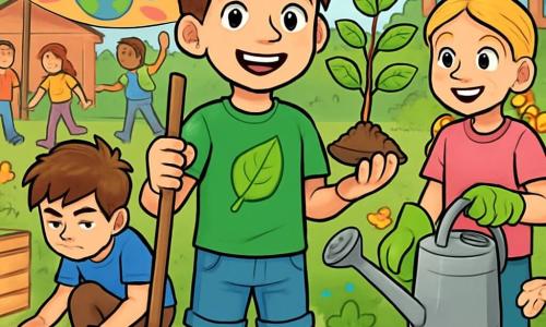 Ein 12-jähriger Junge, Lukas, mit braunen Haaren und funkelnden Augen der Entschlossenheit, steht im Mittelpunkt des Bildes mit einem großen Lächeln im Gesicht. Er trägt ein grünes T-Shirt mit einem Blattmuster und eine Jeansshorts, hält mit einer Hand eine Schaufel und mit der anderen einen kleinen Baum, bereit ihn zu pflanzen. Rechts von ihm steht Emma, ein 11-jähriges Mädchen mit geflochtenen blonden Haaren, die ein rosa T-Shirt und Gartenhandschuhe trägt und fröhlich mit einer Gießkanne lächelt. Links von ihm kniet Paul, ein 12-jähriger Junge mit zerzausten braunen Haaren und einem blauen T-Shirt, der konzentriert mit einer Zange Müll aufsammelt. Der Ort ist ein sonniger Schulgarten, gefüllt mit bunten Blumen, kleinen Bäumen und Kompostbehältern, mit Schülern im Hintergrund, die um ein großes, buntes Banner mit der Aufschrift "Rettet unseren Planeten!" aktiv sind. Die Hauptsituation zeigt Lukas und seine Freunde beim Pflanzen von Bäumen, umgeben von Klassenkameraden, die alle lächeln und sich an dieser schönen Aktion für die Umwelt beteiligen.