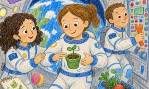 Mujer astronauta de unos 30 años, sonriente y tranquila, pelo castaño recogido, traje blanco y azul con detalles amarillos, sostiene una pequeña maceta verde con una plantita flotando entre sus manos; a la derecha, compañero de equipo de ~35 años, piel morena y cabello corto, sostiene una herramienta naranja junto a un panel de botones coloridos; a la izquierda, amiga de ~28 años, pelo rizado oscuro, toma la mano de la astronauta junto a un cuaderno con dibujos de hojas; interior de la estación con paredes grises y luces redondas, una ventana grande mostrando la Tierra abajo y cajas y pelotas flotando; escena de la astronauta plantando y cuidando la planta, expresiones cálidas, colores pastel, estilo simple y redondeado tipo crayón.
