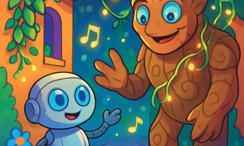 Pipí, un pequeño robot mensajero con ojos en forma de botones azules y una carrocería lisa y brillante, se encuentra en el centro del callejón. Se ve alegre y curioso, con una leve sonrisa en su rostro metálico. Sus pequeñas ruedas están en movimiento, listas para explorar. A su lado, Seré, un guardián viviente hecho de piedra y ramas, se mantiene majestuosamente. Sus ojos parecen estanques tranquilos y muestra una expresión dulce y benevolente. Está rodeado de lianas luminosas que brillan suavemente, creando una atmósfera mágica. El callejón es estrecho y colorido, con paredes cubiertas de plantas trepadoras en tonos vivos de verde y violeta. Luces brillantes flotan en el aire, y flores electrónicas emiten destellos de color. El suelo está pavimentado con piedras brillantes que reflejan la luz. En esta escena, Pipí y Seré conversan alegremente, rodeados de notas flotantes y pequeñas luces, simbolizando las historias y palabras intercambiadas. La atmósfera es cálida y acogedora, invitando a los transeúntes a detenerse y escuchar.