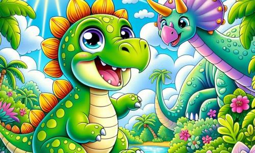 Een blije stegosaurus met een groene huid versierd met grote gele vlekken staat in het midden van de afbeelding, glimlachend met sprankelende ogen van opwinding. Hij bevindt zich op een magisch eiland, omringd door grote kleurrijke planten en schitterende bloemen, terwijl hij naar een majestueuze boom kijkt vol heerlijke bladeren. Rechts van hem springt een kleine triceratops, Trixie, met een roze huid en drie kleine hoorns op haar voorhoofd, van blijdschap, met stralende ogen. Op de achtergrond buigt een grote brachiosaurus genaamd Bella, met een lange nek en een blauwachtige huid, zich om de twee vrienden te groeten, met een vriendelijke glimlach op haar gezicht. De lucht is helderblauw, bezaaid met pluizige witte wolken, en de zon schijnt, die het geheel verlicht. De hoofdscene toont Stego en Trixie, opgetogen en klaar om het eiland vol verrassingen en lekkernijen te verkennen, omringd door hun nieuwe dinosaurvrienden.