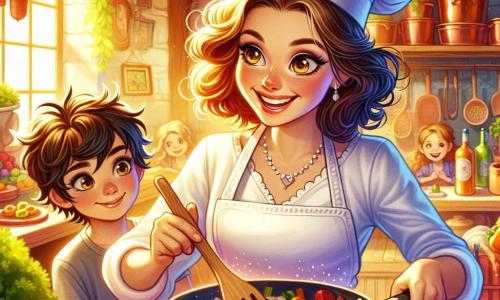 Chef Emma, a smiling woman in her thirties, wears a bright white apron and a chef's hat. Her eyes sparkle with excitement as she stirs colorful vegetables in a large pan. Next to her, Max, a 12-year-old boy with messy brown hair, watches closely, holding a wooden spatula, ready to help. The scene takes place in a lively kitchen filled with copper pots, fresh vegetables on a wooden countertop, and aromatic herbs filling the air. Sunlight streams through the windows, bathing the room in warm light. In this main setting, Chef Emma and Max are preparing a delicious dish together, laughing and tasting the ingredients, while curious children watch them in awe, eager to join this culinary adventure.