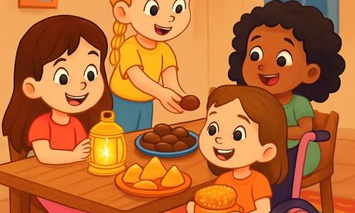 There are 4 children: - Lily: a 6-year-old girl with long brown hair, wearing a pink dress and a big smile. She is sitting at the table, holding a sparkling lantern. - Mia: a 6-year-old girl with braided blonde hair, wearing a yellow t-shirt and blue pants. She is next to Lily, passing dates to Emma. - Zoe: a 6-year-old girl with curly black hair, wearing a green dress. She is sitting across from Lily, taking a bite of a samosa with sparkling eyes. - Emma: a nearly 6-year-old girl with brown hair and a radiant smile, sitting in her pink wheelchair, holding a honey cake in her hands. She is surrounded by her friends, beaming with happiness. The setting takes place in Lily's dining room, decorated with fairy lights and colorful rugs. The wooden table is laden with delicious dishes: golden dates, crispy samosas, and shiny honey cakes, all under the soft light of a magical lantern that sparkles. The main scene shows the children joyfully sharing their meal, laughing and passing dishes, while the kindness lantern shines brightly at the center of the table, illuminating their happy faces and creating a warm and festive atmosphere.