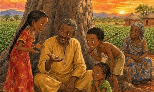 A man named Amadou, with a sly smile and kind gaze, sits cross-legged under a large baobab with brown skin, short graying hair and an ochre tunic, holding a single peanut on his palm as if sharing a secret; to his left stands Amina (≈9) with a long braid and a red dress with yellow patterns, hands open and joyful, looking at the peanut; to his right leans Karim (≈8) in khaki shorts with a playful smile and a stick on his shoulder, listening curiously; in the foreground sits little Fatou (≈7) with braided hair and a green dress, hands clasped and shyly bright, near a bowl of peanuts; behind them on a stone sits elderly Nana Kaba (≈65) in a woven pagne, watching with calm pride; they are in a vast peanut field of green plants and red earth beneath the thick-­trunked baobab casting a wide shadow, clay huts and distant hills under a warm orange late‑afternoon sky; the scene conveys communal play, warmth and curiosity, rendered with clean ink lines, warm watercolor washes and visible earth and bark textures.