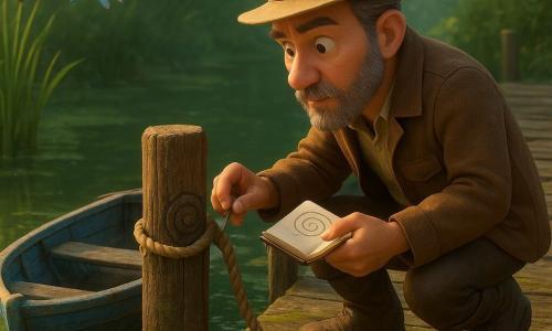 A roughly 45-year-old bearded explorer with graying hair, curious eyes and a furrowed brow wears a brown canvas jacket, beige felt hat and muddy boots; he is crouched, cautious, holding a rope and a small open notebook in which he sketches the spiral carved on a wooden post. No other people are present. A small worn wooden boat painted faded blue is tied to the jetty and rocks on water covered by silky emerald algae; tall reeds and blue-iridescent dragonflies line the narrow, calm canal. The scene has a green-tinted mood: an old wooden jetty with dark posts, mossy cracked planks, and low stones hidden under algae, soft light filtering through foliage. The main moment shows the explorer on the fragile jetty, lit by a sunbeam, gently pulling the rope to draw the boat closer while examining the spiral; the atmosphere evokes cautious discovery with detailed textures of wet wood, moss, flaking paint and water reflections.