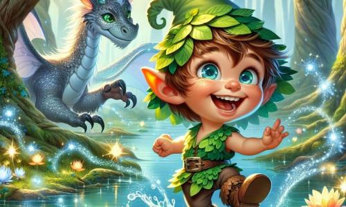 A cheerful elf, Pippin, with sparkling eyes and a big smile, wears a green leaf hat and bark shoes. He dances enthusiastically by a shimmering pond, his tiny translucent wings shining in the sun. Next to him, a 10-year-old girl, Lily, with long brown hair and curious eyes, laughs as she jumps into the water, splashing droplets of light around her. In the background, a majestic dragon with shimmering scales, Zephyr, watches with a kind gaze, his large wings folded against his body. The setting is an enchanted marsh, filled with light mist, large gnarled trees, and colorful flowers floating on the water. Water lilies and reeds sway gently in the breeze, while fireflies illuminate the scene with a soft, magical glow. The main scene shows Pippin and Lily making the dragon laugh by splashing water from the pond, creating waves of joy and magic around them, as sunlight filters through the branches, adding a dreamlike touch to the whole.