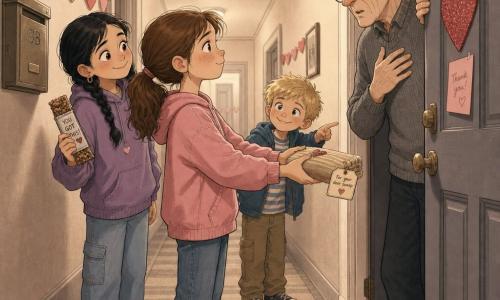 The main character is 12-year-old Mina, round-faced with light freckles and a brown ponytail, shy but resolute, holding a small beige fabric door sweep as a gift and offering it through an open door to Mr. Rusk; Mr. Rusk is about 60, tall and thin with gray hair and a usually stern face now surprised and softened, holding the door ajar. Behind Mina to the left stands 12-year-old Jada with braided black hair and an encouraging smile, holding a granola bar like a support flag; slightly to the rear right is 7-year-old Theo, small with tousled blond hair and bright eyes, pointing toward the door enthusiastically. The narrow apartment hallway has a beige striped carpet, cream walls with red and pink paper heart garlands, a metal mailbox and a sprinkling of glitter on the floor, with warm soft overhead lighting. The scene centers on Mina offering the gift to Mr. Rusk, conveying rapprochement and calm in a simple Valentine’s atmosphere. Graphic style: soft lines, warm pastel palette (pinks, beiges, soft grays), visible fabric textures, warm lighting and gentle shadows, benevolent family mood.