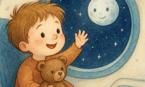 A young boy named Tim with a round face and tousled light-brown hair smiles in wonder and waves while looking out a large porthole; a small well-worn brown teddy bear sits on his lap sharing the view of the stars, the cozy ship interior has white and blue walls, rounded seats, colorful buttons and warm soft light, and outside deep midnight-blue space is dotted with stars and a large friendly silver moon near the porthole, creating a calm, magical, reassuring scene.