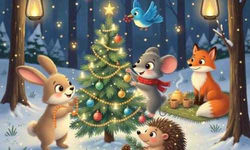 Eine kleine graue Maus (Max) mit runden, glänzenden Augen lächelt warm und trägt einen roten Schal, sie setzt eine goldene Kugel an einen kleinen beleuchteten Tannenbaum; links wickelt ein fröhlicher beiger Hase mit flauschigem Fell eine orangefarbene Girlande um den Baum, vorne hockt ein schüchterner, zufriedener Braun-Igel mit Zapfen, über dem Baum fliegt ein aufgeregter blaues Vögelchen mit roten Beeren im Schnabel, hinten sitzt ein sanfter, rotbrauner Fuchs mit einer dampfenden Teekanne und Holzbechern auf einem Moosteppich; die Szene spielt sich nachts in einer verschneiten Lichtung ab, beleuchtet von gelben Glühwürmchen und Glaslaternen an den Zweigen, mit funkelndem Schneehäubchen und kleinen Pfotenspuren – eine warme, zentrierte Komposition in kontrastreichen Farben (Rot, Blau, Gold, Grün) und weichen, leuchtenden Texturen, kindgerecht und gut lesbar.