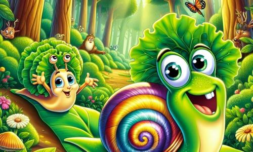 Um caracol chamado Pipo, com uma concha colorida em espiral e olhos brilhantes de curiosidade, desliza lentamente sobre uma folha verde brilhante, exibindo um largo sorriso de empolgação. Ao seu lado, um caracol chamado Tito, usando um chapéu de folha de alface, faz gestos entusiasmados, pronto para participar da corrida. Ao fundo, a floresta encantada está cheia de árvores de troncos grossos, flores vibrantes e raios de sol filtrando pelas folhas, criando uma atmosfera alegre e luminosa. A cena mostra Pipo e Tito se preparando para a primeira corrida de caracóis, cercados por animais curiosos, todos ansiosos para ver quem será o vencedor.