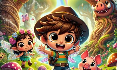 Um garoto de 6 anos, Lucas, com cabelos castanhos bagunçados e olhos brilhantes de curiosidade, está no centro da cena. Ele usa um pequeno chapéu de aventureiro e uma camiseta colorida, exibindo uma expressão de determinação e empolgação enquanto levanta os braços, pronto para enfrentar o desafio que o aguarda. Ao seu lado, uma pequena fada chamada Lúcia, com cerca de 5 anos, com asas cintilantes e um vestido feito de pétalas de flores, voa alegremente ao seu redor, sorrindo com esperança. Um porquinho travesso chamado Tico, um animal pequeno com grandes orelhas e pelagem rosa, está perto de Lucas, exibindo uma expressão brincalhona, pronto para pular na aventura. O cenário é uma floresta mágica, com árvores gigantescas de troncos retorcidos, cujas folhas brilhantes são iluminadas por raios de sol que filtram através dos galhos. Flores coloridas e cogumelos de formas estranhas salpicam o chão, enquanto um caminho em arco-íris serpenteia pelo encantador cenário. A situação principal mostra Lucas, Lúcia e Tico unidos, cantando juntos para acalmar um dragão maligno, cujas escamas negras brilham sob a luz dourada. O dragão, intrigado pelo canto deles, para, seus olhos suavizando enquanto escuta a melodia mágica que ressoa na floresta.