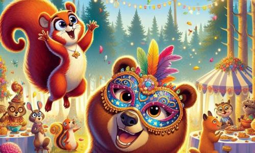 Um urso curioso e alegre chamado Tobias, com pelagem marrom e olhos brilhantes, flutua no ar, usando uma linda máscara colorida adornada com estrelas e luas, enquanto dança com um grande sorriso no rosto. Ao seu lado, uma pequena esquilo chamada Lila, com pelagem ruiva e cauda espessa, o observa com admiração, os olhos arregalados, aplaudindo com entusiasmo. Ao fundo, um grupo de animais da floresta, como pássaros coloridos e roedores, dança e ri ao redor de uma grande mesa cheia de guloseimas, sob guirlandas de flores e lanternas brilhantes. A cena acontece em uma clareira ensolarada, cercada por árvores majestosas e flores vibrantes, onde a atmosfera é festiva e cheia de alegria. Tobias, com sua magia, proporciona um momento inesquecível de carnaval, onde todos os animais celebram juntos em um clima de felicidade e amizade.