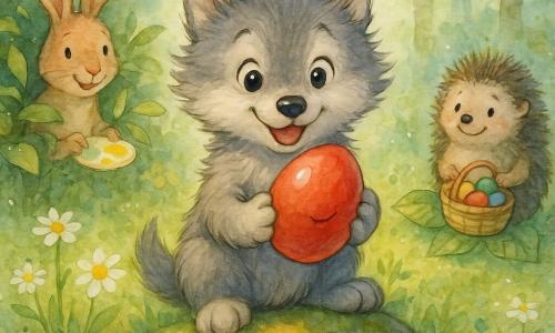 Die Hauptfigur ist ein kleiner grauer Wolf namens Wolli mit weichem, zerzaustem Fell und großen leuchtenden Augen, der in seinen Vorderpfoten vorsichtig ein warmes rotes Ei hält; ein rotes Ei rollt an seiner Pfote entlang und liegt mit einem kleinen rissähnlichen „Lächeln“ auf einem moosbedeckten Felsen. Ein hellbrauner Hase mit langen Ohren schaut links aus einem Busch, neugierig und lächelnd, eine kleine gelb befleckte Malpalette haltend; rechts sitzt ein stacheliger, schüchterner, zufriedener Igel auf einem Blatt mit einem Körbchen voller bunter Eier. Die Szene spielt in einer Waldlichtung am Morgen mit taufrischen Blättern, grünem Gras, weißen und gelben Blumen, einem moosigen Stein mit gelber Farbklecks und sanften Sonnenstrahlen, insgesamt eine improvisierte Osterfeier im Wald mit sanfter, farbiger Stimmung, Rot-Grün-Kontrast und zarten Aquarelltexturen mit kontrollierten Farbspritzern.