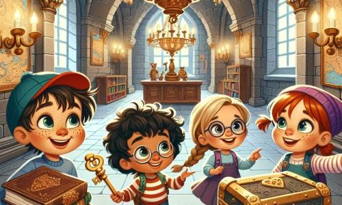 In een grote kasteelzaal staan vier kinderen bij elkaar, omringd door oude boeken en kleurrijke kaarten. Sam, een vijfjarig jongetje met rommelig bruin haar en een stralende glimlach, houdt een grote gouden sleutel in zijn hand en kijkt verwonderd om zich heen. Emma, een vijfjarig meisje met gevlochten blond haar en ronde bril, wijst naar een kaart aan de muur, met een nieuwsgierige blik in haar ogen. Max, een vijfjarig jongetje met zwart haar en een rode pet, zit op de grond naast een oude kist, opgewonden om deze te openen. Lotte, een vijfjarig meisje met rood haar en sproeten, staat met gekruiste armen en glimlacht, terwijl ze haar vrienden aanmoedigt om de magie van het kasteel te ontdekken. De ruimte is een oud kasteel met grijze stenen muren, gouden kroonluchters die aan het plafond hangen en grote ramen die zonlicht binnenlaten, waardoor de kamer warm verlicht wordt. De belangrijkste situatie toont de kinderen die een mysterieuze kist in het midden van de zaal ontdekken, gevuld met kostbare stenen en glinsterende schatten, wat hun magische avontuur en vriendschap symboliseert.