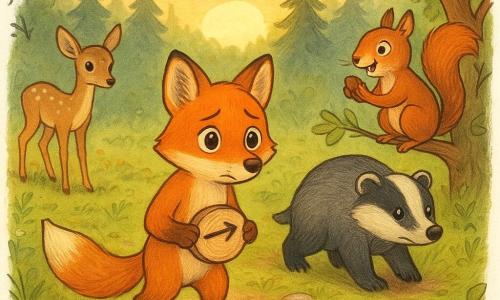 Ein junger Rotfuchs (Hauptfigur) mit glänzendem Fell und weißen Flecken am Schnauzenansatz, schüchtern-entschlossener Blick, hält eine kleine Holzscheibe mit Pfeil und steht am Rand einer Lichtung, zögernd, aber startbereit; ein stämmiger, ernster Dachs (Nebenfigur) mit schwarz-grauem Fell trottet ermutigend hinter ihm und weist mit der Schnauze einen mit kleinen Steinen markierten Pfad; ein flinker Eichhörnchen (Nebenfigur) mit leuchtend rotem Fell, schelmischem Lächeln, auf einem niedrigen Ast rechts, hält eine Haselnuss und "klatscht" mit dem Schwanz, Blick auf den Fuchs; ein junger, graziler Rehbock (Nebenfigur) mit beige gesprenkeltem Fell steht links auf der Lichtung, sanft-neugierig und bereit zu springen; die Lichtung: weicher, moosiger Boden mit Fichtennadeln, wenige zerkratzte Steine, niedrige Gräser und Wildblumen, orange Sonnenuntergangslicht zwischen Fichtenstämmen, kleine Beerengirlanden und ein geflochtenes Band am Boden; Situation: Entscheidungs-Moment vor einem freundlichen Waldrennen — der Fuchs zögert, fasst Mut und stürzt sich auf einen gewundenen Pfad, warme, aufgeregte, festliche Stimmung.