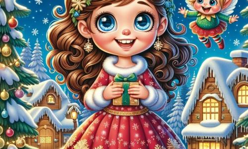 Una niña de 9 años, Clara, se encuentra en el centro de la imagen, con grandes ojos azules brillantes de alegría y cabello rizado castaño, vestida con un bonito vestido rojo con motivos de copos de nieve. Sonríe ampliamente, con las mejillas sonrojadas por el frío, y sostiene una pequeña caja de regalo en sus manos, lista para ofrecerla. A su lado, un pequeño duende llamado Lumi, que mide apenas 30 cm, con alas brillantes y un traje verde adornado con hojas doradas, vuela alegremente alrededor de Clara, riendo y gesticulando con entusiasmo. En el fondo, se despliega un hermoso paisaje invernal: un pintoresco pueblo con casas de madera cubiertas de nieve, iluminadas por guirnaldas coloridas, y majestuosos abetos decorados con bolas brillantes. La luna ilumina suavemente la escena, añadiendo un toque de magia a la atmósfera. La situación principal muestra a Clara y Lumi distribuyendo regalos a los niños del pueblo, rodeados de risas y alegría, mientras copos de nieve caen suavemente a su alrededor, creando un ambiente festivo y cálido.