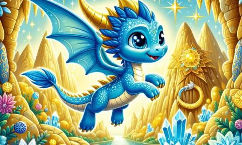 Un giovane drago dalle squame blu vivace e dagli occhi brillanti come stelle, fluttua nell'aria con un'espressione di determinazione sul volto, pronto a entrare in una caverna scintillante. All'ingresso, un grande drago dorato, maestoso e saggio, lo osserva con un sorriso benevolo, le sue squame luccicanti riflettono la luce del Cristallo della Luce. Il paesaggio è incantevole, con montagne dorate sullo sfondo, fiori colorati che danzano al vento e un cielo stellato che illumina la scena con una dolce luminosità. Il giovane drago è sul punto di affrontare la sfida del Guardiano per ottenere il Cristallo, simbolo di gioia e avventura nel regno di Luminalia.