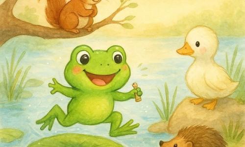 Eine glänzend grüne, runde, schelmische kleine Froschfrau mit großen lachenden Augen hält einen winzigen goldenen Pfiff zwischen den Fingern, springt auf ein zitterndes grünes Blatt, lächelt breit und rötet leicht die Wangen; eine weiß-gelbe Ente mit flauschigem Gefieder steht etwas zurück auf einem warmen Felsen am Teichrand, den Kopf neugierig geneigt; ein rotbraunes Eichhörnchen mit funkelnden Augen hockt auf einem niedrigen Ast und kichert; ein stacheliger, freundlicher Igel rollt gemächlich auf dem nahen Erdweg; der Teich glitzert mit dünnen grünen Schilfhalmen, warmen beigen Steinen und großen Seerosen auf klarem blauem Wasser, der Himmel ist pastellfarben und das Licht sanft wie bei Sonnenuntergang; die Szene: der Frosch hat gerade den goldenen Pfiff gedrückt, springt zu hoch, landet auf einem rutschigen Blatt und beginnt lachend auszurutschen, während die Freunde amüsiert und überrascht zusehen.