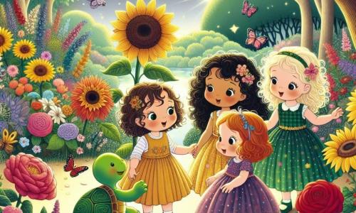 In un giardino incantato, quattro bambine di due anni si tengono insieme, meravigliate. Mia, con i capelli castani e ricci, indossa un vestito giallo e guarda con occhi brillanti un grande girasole. Lila, con i capelli biondi e lisci, salta di gioia in un vestito rosa a pois. Sole, con i capelli rossi e ricci, si avvicina a un magnifico girasole, indossando un vestito verde che ricorda la natura. Luna, con i capelli neri e ondulati, tocca delicatamente una rosa rossa, vestita di un abito viola scintillante. Al centro del giardino, una piccola tartaruga di nome Tarta, con un guscio colorato e un sorriso amichevole, le osserva. Il giardino è pieno di fiori brillanti, farfalle danzanti e una luce soffusa che filtra tra le foglie degli alberi. Le bambine scoprono la magia del giardino e ascoltano Tarta, che racconta storie sulla gioia e la gentilezza, creando un'atmosfera da sogno e curiosità.