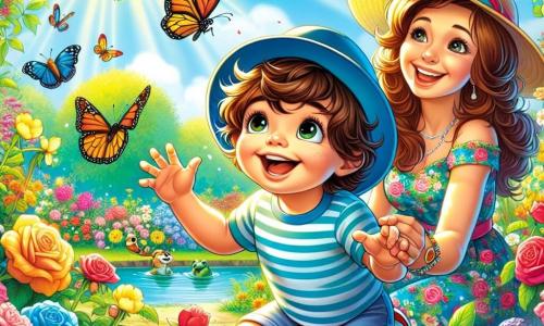 Un bambino di 2 anni, di nome Luca, con capelli castani disordinati e grandi occhi curiosi, si trova in un giardino colorato. Indossa un cappellino blu e una camicia a righe, sorridendo mentre osserva una bella farfalla che vola tra i fiori. Accanto a lui, sua madre, una donna di circa 30 anni con lunghi capelli castani e un sorriso caloroso, è accovacciata ad ammirare i fiori. Indossa un vestito leggero con motivi floreali e tiene un piccolo taccuino da disegno in mano. Il giardino è un vero e proprio quadro primaverile, pieno di fiori dai colori vivaci: rose, gialli e blu, con farfalle che danzano nell'aria. Sullo sfondo, un piccolo stagno scintilla al sole, dove le rane saltano allegramente. La scena principale mostra Luca, affascinato, mentre segue la farfalla che danza da un fiore all'altro, mentre sua madre lo incoraggia con uno sguardo benevolo, creando un'atmosfera di gioia e scoperta.
