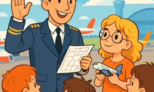 Pilot samolotu, mężczyzna w wieku około czterdziestu lat, uśmiechnięty i pewny siebie, nosi granatowy mundur z złotymi pagonami. Jego brązowe włosy są lekko rozczochrane przez wiatr, a w jednej ręce trzyma mapę lotu, podczas gdy druga jest uniesiona w geście powitania. Obok niego stoi dziesięcioletnia dziewczynka o blond, kręconych włosach, nosząca okulary, która z zachwytem się przygląda. Trzyma mały model samolotu z plastiku i stoi nieco z tyłu, zafascynowana pilotem. W tle widać ruchliwe lotnisko z kolorowymi samolotami stojącymi na płycie, błyszczącymi metalowymi hangarami i białymi, puszystymi chmurami na jasnoniebieskim niebie. Scena przedstawia pilota entuzjastycznie tłumaczącego dzieciom swój zawód, podczas gdy grupa młodych uczniów, siedząc na krzesłach, uważnie go słucha, z oczami błyszczącymi z ekscytacji.