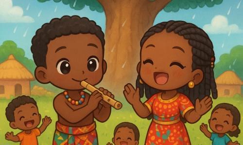 A young African man, Kofi, plays the flute with a serene smile, his eyes sparkling with joy. He wears a colorful loincloth and a bead necklace, and his hair is short and curly. Next to him, a young African woman, Awa, around 20 years old, sings enthusiastically, clapping her hands to the rhythm. She wears a traditional dress with vibrant patterns and has braids adorned with beads. They stand under a large baobab tree with wide leafy branches, surrounded by children dancing joyfully, their faces lit up with laughter. The sky is blue with a few white clouds, and the ground is dotted with colorful wildflowers. The main scene shows the village in the background, with thatched-roof houses and brightly painted pots, as the rain begins to fall gently, creating an atmosphere of celebration and sharing.