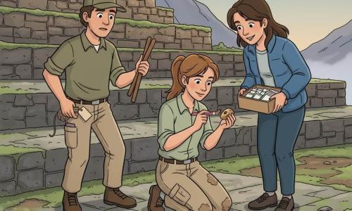 Lucia, archeologa di circa 28–32 anni, è inginocchiata, concentrata e dolce; ha capelli castano chiaro raccolti in una coda, macchie di terra sulle ginocchia dei pantaloni beige, camicia verde pallido e un piccolo pennello rosa con cui spolvera delicatamente una pietra forata. Mara, donna di circa 30–35 anni, a destra, sorridente e calma, con giacca blu tiene una scatola di sacchetti etichettati e si china verso il reperto. Diego, uomo di circa 34–38 anni, a sinistra, un po' affannato ma d'aiuto, con berretto kaki tiene due picchetti, un rotolo di corda e ripone un'etichetta. Luogo: terrazza montana in pietra coperta di muschio, gradinate di vecchie pietre, strisce di terreno umido, leggera foschia grigio perla e un vecchio muro a blocchi sullo sfondo. Situazione: scena calma e ordinata che protegge una scoperta — luce serale soffusa, toni caldi e texture visibili.