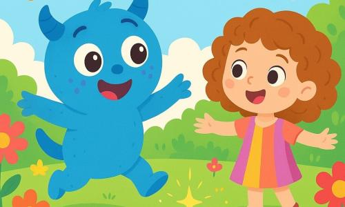 Um monstrinho azul, chamado Mio, com grandes olhos suaves e pintinhas lilases nas bochechas, salta alegremente perto de um lago de nuvens, seu rosto expressando uma curiosidade cintilante. Perto dele, uma menina de 6 anos, com cabelos cacheados e um vestido colorido, observa Mio com admiração, os braços abertos, como se quisesse convidá-lo a dançar. O jardim encantado está cheio de flores vibrantes, com pétalas brilhantes, e borboletas multicoloridas que dançam no ar, criando uma atmosfera mágica. A cena principal mostra Mio descobrindo uma luz cintilante perto do lago, intrigado e pronto para se aproximar e ver o que é.