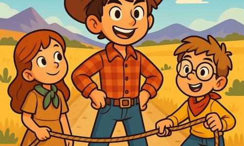 Um jovem cowboy, Joaquim, um garoto de 12 anos, se posiciona corajosamente no centro da cena. Ele tem cabelos castanhos desgrenhados, um grande sorriso e usa um chapéu de cowboy desgastado, uma camisa xadrez vermelha e uma calça jeans. Seu olhar é determinado e brilhante de excitação enquanto se prepara para enfrentar os bandidos. Ao seu lado, Clara, uma menina de 11 anos, com cabelos longos e cacheados, veste um vestido de juta e um lenço ao redor do pescoço. Ela observa Joaquim com admiração, pronta para ajudá-lo na aventura. Pedro, um garoto de 12 anos, está ligeiramente atrás, com um rosto brincalhão e óculos redondos. Ele segura uma corda nas mãos, pronto para agir. A cena se passa em uma estrada empoeirada do Velho Oeste, cercada por vastas pradarias douradas e colinas ondulantes sob um céu azul brilhante. Ao longe, montanhas se delineiam no horizonte, acrescentando um toque majestoso à paisagem. A situação principal mostra Joaquim e seus amigos esticando uma corda para capturar os bandidos que se aproximam. A excitação e a adrenalina são palpáveis enquanto se preparam para defender sua cidade com bravura e inteligência.
