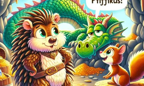 Ein Stachelschwein namens Pfiffikus, mit braunem Fell und aufgerichteten Stacheln, steht entschlossen und ein wenig besorgt in der Mitte der Szene und spricht mit einem Drachen mit glänzenden grünen Schuppen, der faul in einer Höhle liegt. Der Drache, Flämmchen, hat große, sanfte Augen und ein freundliches Lächeln, das seine Neugier und Freundlichkeit zeigt. Neben Pfiffikus schaut ein agiles Eichhörnchen namens Fipsi mit funkelnden Augen voller Aufregung zu dem Drachen, bereit, ihren Freund zu ermutigen. Die Höhle ist mit funkelnden Schätzen gefüllt, mit verstreuten Goldmünzen und Schmuck, während sanftes Licht durch den Eingang strömt und die Gesichter der Charaktere erhellt. Die Hauptsituation zeigt Pfiffikus, der mit Flämmchen verhandelt, damit er aufhört, die Vorräte des Dorfes zu stehlen, was einen sowohl komischen als auch berührenden Moment schafft.
