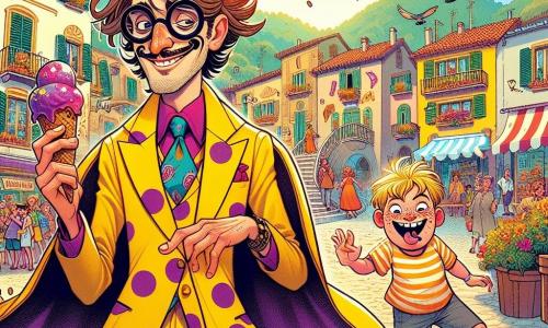 Giacomino, un uomo dai capelli castani disordinati e con occhiali tondi, indossa un costume giallo vivo a pois viola e un grande cappotto che fluttua dietro di lui. Ha un sorriso malizioso e occhi scintillanti di gioia, mentre si prepara a lanciare un potente sbadiglio. Accanto a lui, Piero, un ragazzo di 10 anni con capelli biondi e lentiggini, ride fragorosamente, tenendo un cono gelato che minaccia di cadere. La scena si svolge nella vivace città di Bambolonia, con case colorate, alberi verdi e una grande piazza animata dove i bambini giocano e gli adulti chiacchierano. Al centro della piazza, un gruppo di piccioni teppisti semina il caos, rubando popcorn ai turisti, mentre risate e grida di divertimento risuonano attorno a loro. Giacomino, pronto ad agire, si trova in mezzo a questa agitazione, pronto a usare il suo potere comico per riportare la pace e far ridere tutti.